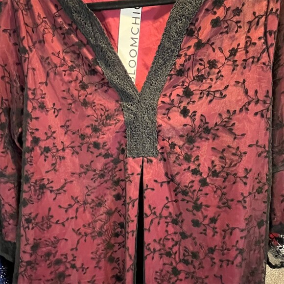 BLOOMCHIC Other - BloomChic Kimono Duster Cardigan Womens Plus L 14-16 Burgundy Floral Sheer
